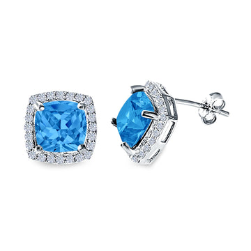 Cushion Cut Stud Earrings Simulated Blue Topaz CZ 925 Sterling Silver
